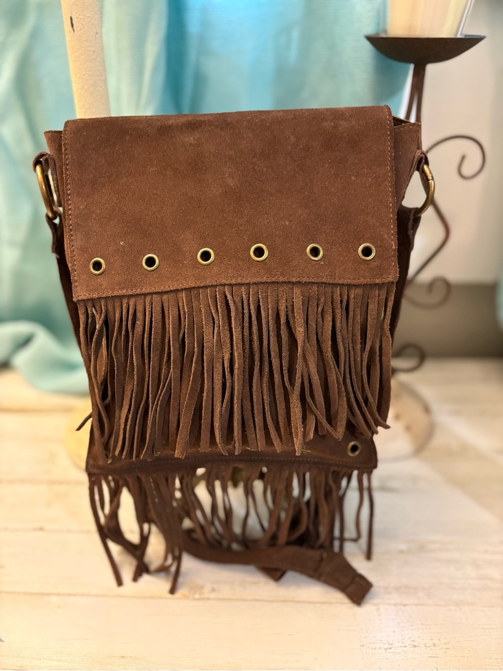 Fringe Suede Crossbody Bag - Brown Vintage Purse